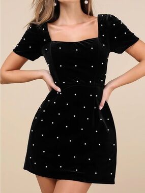 Black Velvet Pearl Embellished Square-Neck Dress